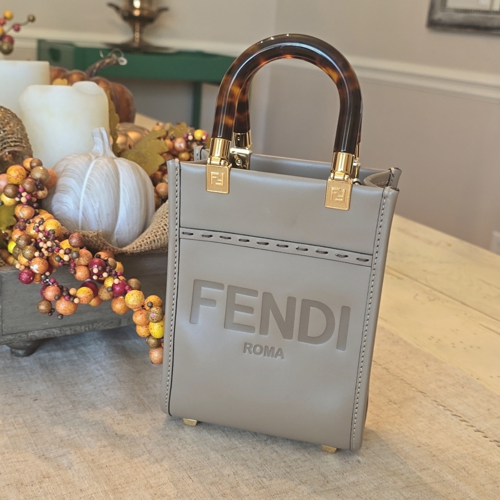 Fendi Gray Crossbody Bag with Tortoiseshell Handle